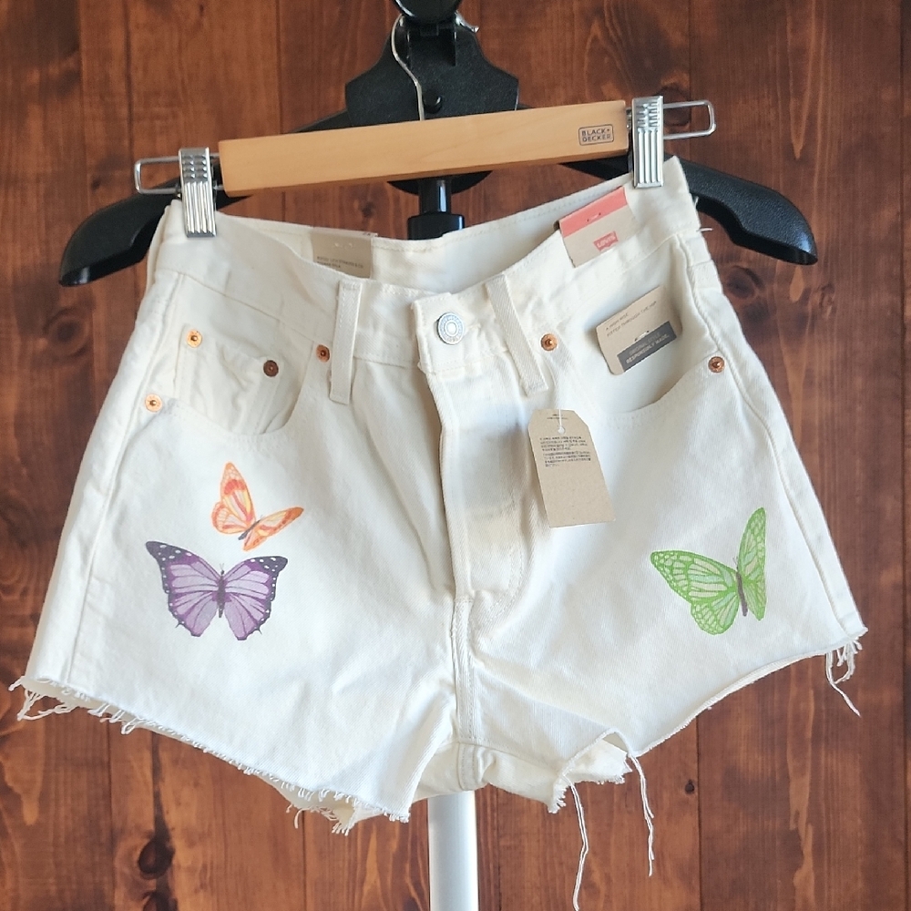 Levi's Cream Jean Shorts with Colorful Butterfly Accents NWT